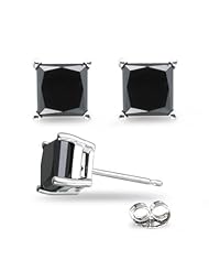 3/4 (0.71-0.80) Cts of 3.40-3.70 mm AAA Princess Black Diamond Stud Earrings in 14K White Gold-Screw Backs