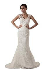 V-neck Sleeveless Lace Beaded Sequined  Mermaid Spring Fall  Dress with a Court Train  With Pearls