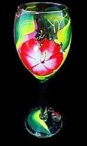 Hibiscus Design - Hand Painted - Wine Glass - 8 oz..