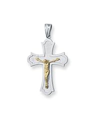 14 Karat Yellow Gold and Silver With Rhodium Finish 18" Shiny Textured Oval Link Chain Necklace Fancy Cross Pendant With Yellow Figurine