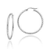 Sterling Silver Tarnish-Free 2x30 Diamond-Cut Click Top Hoop Earrings