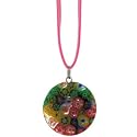 Multi Color Floral Murano Glass Circle Pendant on Pink Faux Suede Cord