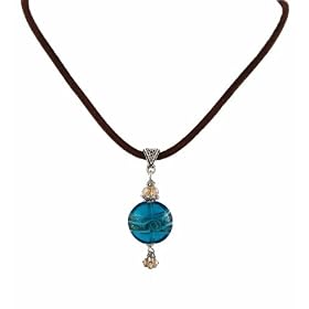 Necklace - N483 - Round Shape Murano Style Glass with Swarovski Crystal Dangles ~ Teal Blue and Copper Stripe