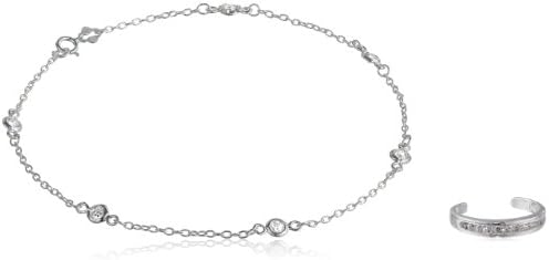 Sterling Silver Cubic Zirconia Toe Ring and Chain Anklet with Cubic Zirconia Stations, 10"
