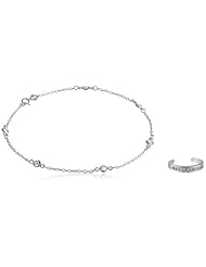 Sterling Silver Cubic Zirconia Toe Ring and Chain Anklet with Cubic Zirconia Stations, 10"