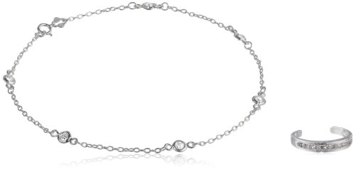 Sterling Silver Cubic Zirconia Toe Ring and Chain Anklet with Cubic Zirconia Stations, 10"
