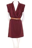 Xtaren Faux Wrap Deep V Neck Rolled Short Sleeve Metallic Button Detail Faux Leather Removable Belt Dress Burgundy