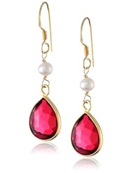 White Freshwater Cultured Pearl Accents Gold over Silver Dyed Ruby Color Quartz Bezel Teardrop Earrings