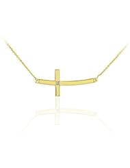 14k Gold Trendy Sideways Curved Diamond Cross Necklace