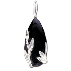 Solid Sterling Silver Onyx Pendant Bambo Leaf Design by 