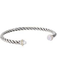 Two-Tone 14k Yellow Gold Plated and Sterling Silver Thin Twisted Bangle with Clear Cubic Zirconia Stone Edged Cuff Bracelet