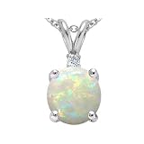1.32 cttw 14k White Gold Genuine 8mm Round Opal and Diamond Pendant in 14k White Gold