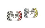 Code Earrings featuring stainless steel & rubber. Available in 4 colors and 2 sizes. Featured here from left to right - black, red, blue and yellow.