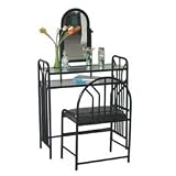 Black Makeup Mirror Bedroom Vanity Set With Bench and 2 Shelves
