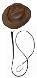 EXPLORER SET 1 X BROWN FELT FEDORA HAT + 1 X BLACK LEATHER BULL WHIP FOR FANCY DRESS