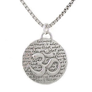 Round Reversible Om (Aum) Pendant with Words of Inspiration in Sterling Silver on a 24" Round Oxidized Box Chain, #7969
