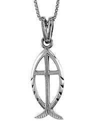 Sterling Silver Christian Fish w/ Cross Pendant, 1 inch (24 mm)