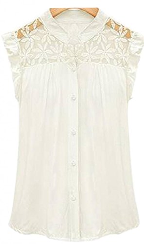 Women Sleeveless Button Vintage Sheer Tops Lace Shirt Chiffon Blouse