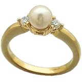 14Kt Yellow Gold Cultured White Pearl and Diamond Ring