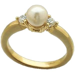 14Kt Yellow Gold Cultured White Pearl and Diamond Ring