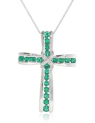 Sterling Silver Created Emerald with Diamond Cross Pendant Necklace, 18"