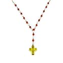 14K Coral & Pearl Rosary with Amber Cross - 17"