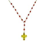 14K Coral & Pearl Rosary with Amber Cross - 17