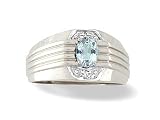 14K White Gold Genuine Oval Aquamarine and Diamond Men's Ring