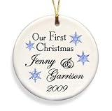 PERSONALIZED Ceramic OUR FIRST CHRISTMAS Snowflakes 3 ROUND TREE ORNAMENT Bride Groom COUPLE