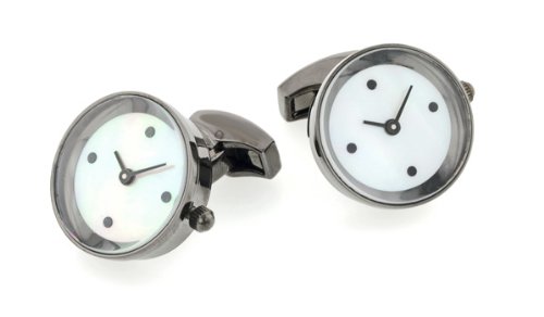 Gunmetal plated working watch cufflinks with mother of pearl dial with presentation box