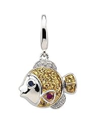 14K White Gold .02 Cttw 14Kw/Yellow Gold Rhodium Plate Genuine Yellow Gold Sapphire, Pink Sapphire, Blue Sapphire And Diamond Charm