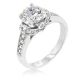 White Gold Rhodium Bonded Engagement Ring with Prong Set Clear CZ Centerstone and Accent Stones in Silvertone
