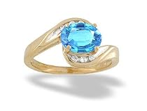 14K Yellow Gold Genuine Oval Blue Topaz and Diamond Ring