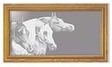 Arabian Horses Etching in Framed Wall Mirror, Solid Oak Frame, Hand-Rubbed Finish, 15 x 27 inches