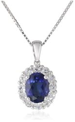 Sterling Silver, Created Blue Sapphire, and Created White Sapphire Pendant Necklace, 18"