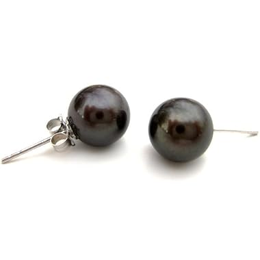 HinsonGayle AAA 9.0-9.5mm Black Pearl Stud Earrings on 14K White Gold