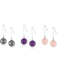 Sterling Silver Hematite Bead, Rose Quartz Bead and Dogtooth Amethyst Drop French Wire Earrings , Set of Three