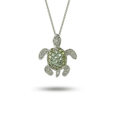 Sterling Silver Green CZ Sea Turtle Pendant Length 16 inches (Lengths 16 inches 18 inches 20 inches Available)