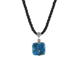 Necklace - N520 - Genuine Semi Precious Stone Hung on a Black Triple-Strand Twisted Silk / Satin Cord + 2" Extension Chain - Rounded Square Shape ~ Chrysocolla
