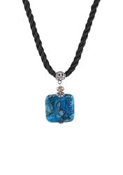 Necklace - N520 - Genuine Semi Precious Stone Hung on a Black Triple-Strand Twisted Silk / Satin Cord + 2" Extension Chain - Rounded Square Shape ~ Chrysocolla