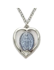 .925 Sterling Silver Blue Enameled Heart Shaped Miraculous Medal, Virgin Mary, Immaculate Conception Pendant Catholic Jewelry Miraculous Patron Saint Medal Pendant Catholic w/Chain Necklace 18" Length