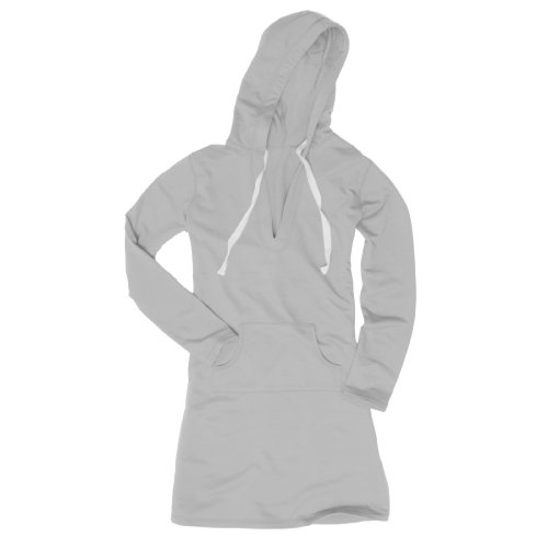 Heather Gray long sleeve tunic length hang out hoodie with V neck. 5 Adult sizes
