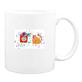 Mug with orange, cat, cuckoo, clock, pet, bird by Shopzeus