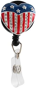 American Flag Heart Shaped Retractable Badge Holder ID Card Holder Reel with Swivel-Back Alligator Clip Black Base
