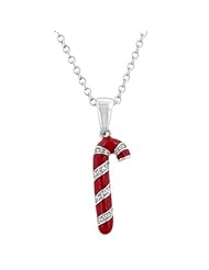 Alexander James White Gold Rhodium Bonded Holiday Enamel Candy Cane Pendant in Silvertone Chain Included