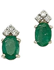 14K Yellow Gold Oval Emerald and Diamond Earrings