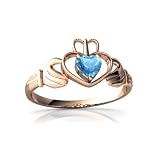 14k Rose Gold Heart Genuine Blue Topaz Celtic Claddagh Ring