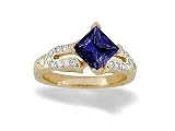 14K Yellow Gold Square Creat Sapphire and Diamond Engagement Ring