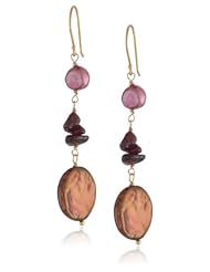 Red Freshwater Cultured Pearl and Garnet Gold over Silver Ear Wire Drop Earrings