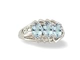 14K White Gold Genuine Oval Aquamarine 3-Stone Ring